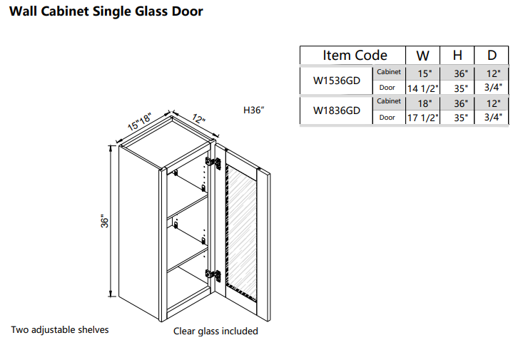 Wall Glass Door W1836GD