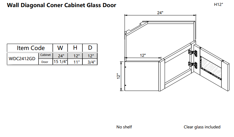 Wall Diagonal Corner Glass Door WDC2412GD