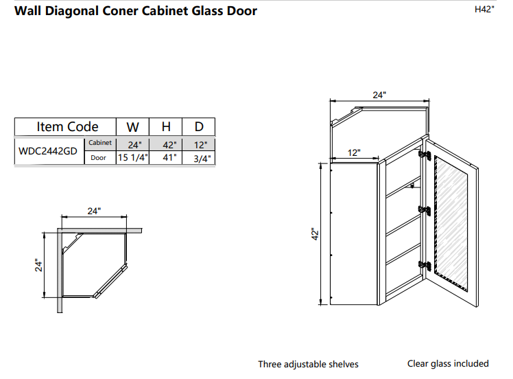 Wall Diagonal Corner Glass Door WDC2442GD