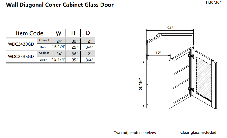 Wall Diagonal Corner Glass Door WDC2436GD